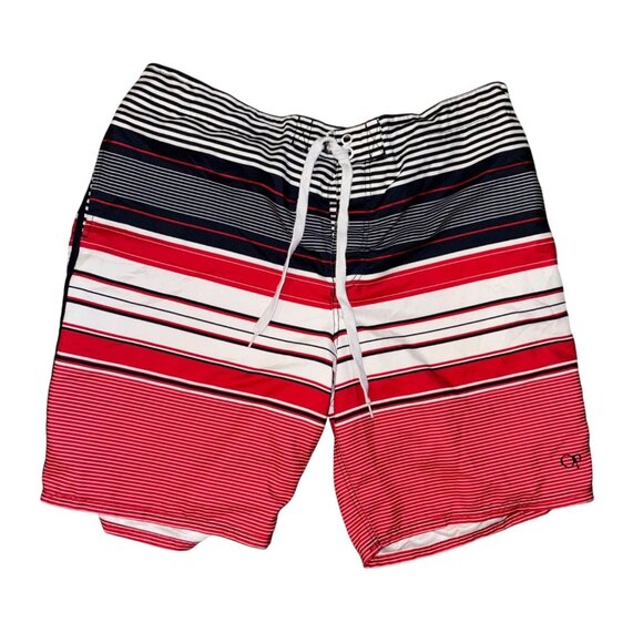Op Mens XL Striped Swim Trunks Red/Black/White Polyester Mesh Liner Elastic Wais - Picture 1 of 6